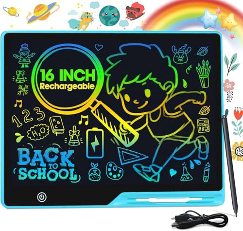 POPERFUN 16 Inch LCD Writing Tablet for Kids, Rechargeable Doodle Board, Erasable Kids Drawing Pad Education and Learning Toys for Ages3 4 5 6 7 8 Christmas Birthdays Gifts for Girls Boys Adults