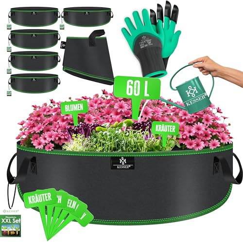 KESSER® Pflanzsack 60 Liter - 5er Set | Pflanzsäcke aus Vlies-Stoff inkl. Schildchen & Gartenhandschuhe | Kartoffel-Pflanztasche mit Fenster & Griffen | Pflanzbeutel für Gemüse Blumen Früchte Schwarz