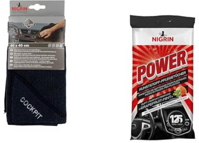 NIGRIN Mikrofaser-Tuch Cockpit & Power Kunststoff-Pflegetücher, reinigen die Oberflächen im Auto, silikonfrei, mit Grapefruit-Minze-Duft, 15 Stück