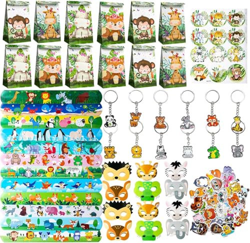 98Pcs Set Bomboniere Safari, Animali della Giungla Portachiavi Braccialetto a scatto Adesivi Borse regalo Maschere, Accessori per la Festa della Giungla, Bambini Animali Bomboniere di Compleanno