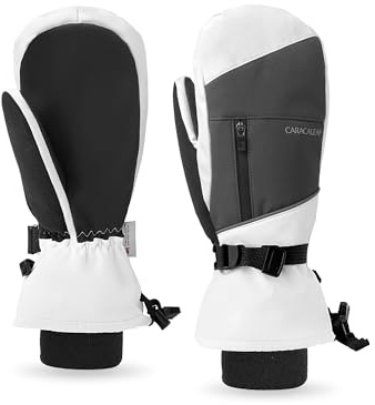 Caracaleap Skihandschuhe Herren Damen Fäustlinge Handschuhe Wasserdicht Winterhandschuhe für Skifahren Snowboard Wandern Fahrradhandschuhe Weiß M-L