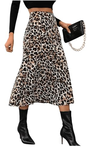 GORGLITTER Women's Leopard Print A Line Flowy Midi Skirt High Waisted Casual Long Skirts Brown M