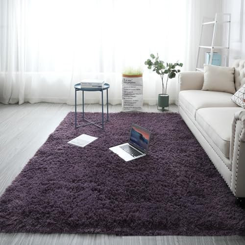 YUANWAN Teppich Wohnzimmer Schlafzimmer 100 x 70 cm Anti-Rutsch Unterseite, Waschbar Weicher Teppich Heimdekoration Fellteppich Shaggy für Schlafzimmer, Wohnzimmer, Lila Grau
