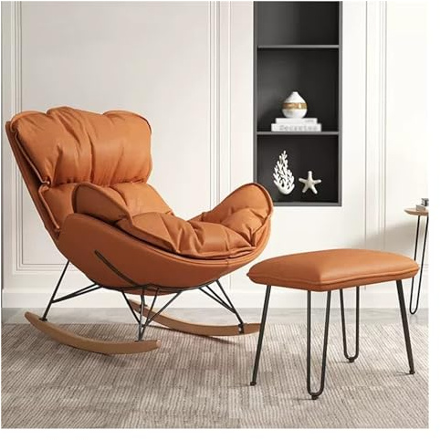 SZITW Freizeitsofa-Schaukelstuhl, Schaukelsessel für das Wohnzimmer mit hoher Rückenlehne und Ottomane, Schaukelstühle aus Stoff im Mid-Century-Stil mit Beinen aus Massivholz (Farbe: Orange)
