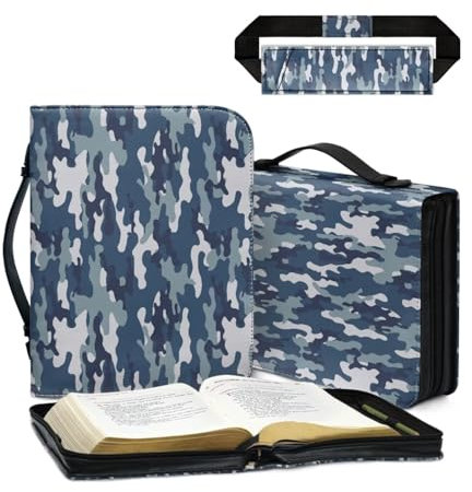 COEQINE Blaues Leder-Bibeletui für Herren, Camouflage-Set, Bibelhülle für Herren, mit Stifthalter, elastische Lesezeichen, modisch, groß, Kirche, Bibelbuch, Studium, Zubehör, religiöse, christliche
