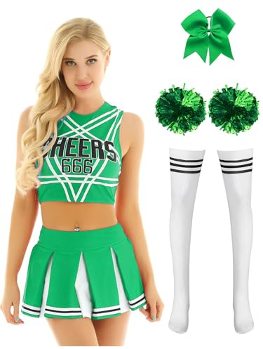 Kaerm Cheer Leader Uniform Kleid Damen Ärmellos Tanz Shirt Bauchfrei Oberteil Mit Faltenrock Haarband Pompons Strümpfe Für Fasching Karneval