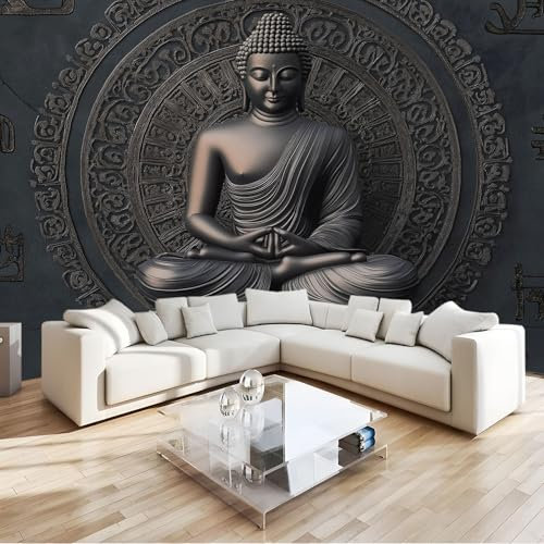 Nero Carta da Parati Moderna Murale meditazione su pietra scultura in pietra Carta da Parati Murale 350x256 cm Foto Murale Soggiorno Camera Da Letto Ristorante Rivestimento d'arte Murale Decor