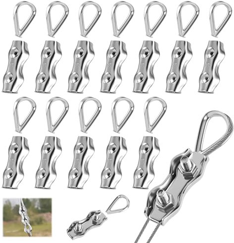 Bubuny 24 Pezzi M3 Morsetto Duplex per Fune Metallica con Ditale, Morsetti Stendibiancheria, Morsetti per Cavo Acciaio Inox 304 per Funi Metalliche da 3mm Giardino, Patio e Vele da Sole