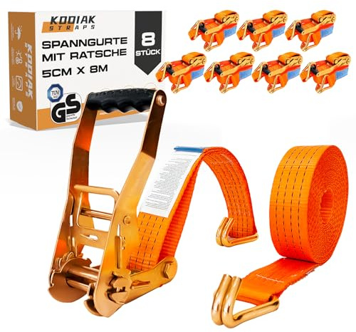 10 Stycken Spännremmar 8m x 4000kg med Spärrhake och Krok - 50mm Surrband med Spännbroms - Orange Spännbandsrem för Lastsäkring - TÜV/GS-certifierad, enligt DIN EN 12195-3 - KODIAK STRAPS