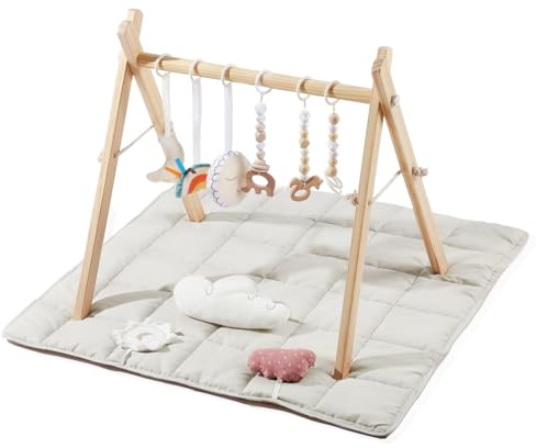 Mallify Spielbogen Baby Holz mit Spielmatte, Klappbar Spieltrapez mit 6 abnehmbaren Spielzeugen, Baby Gym Holz für Neugeborene