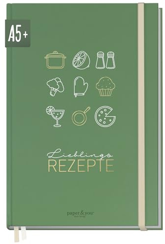 Häfft paper&you® Rezeptbuch zum Selberschreiben A5 + für 62 Rezepte | 1 Doppelseite pro Rezept, DIY Kochbuch / Backbuch mit Index & extra starkem 120g/m²-Papier Kitchen & Life