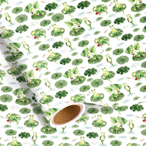 Funny Frog Wrapping Paper Roll,17 In x 16.4 Ft - Mini Roll, Green Frog Gift Wrap with Dragonflies Lily Pads Design for Nature Themed Gifts Spring Summer Holiday Party Supplies Baby Shower Graduation