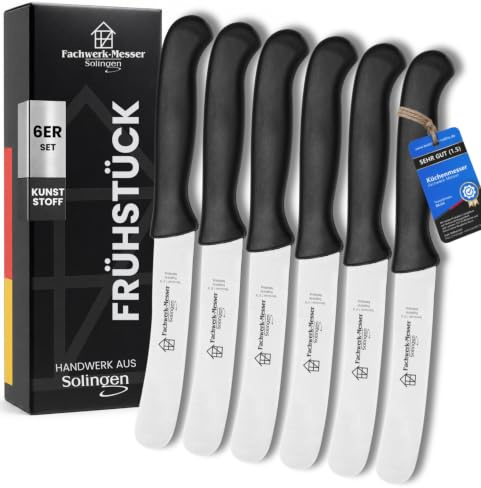 Fachwerk-Messer Buckelsmesser 6er-Set, Kunststoffgriff schwarz, Solingen | Sechs spülmaschinengeeignete Brotzeitmesser für Frühstück, handgefertigt mit rostfreier Klinge und schwarzem Kunststoffgriff