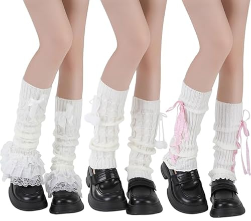 Floruvia 3Paare Kawaii Beinstulpen Für Mädchen Y2K Lolita Strick Beinstulpen Mit Schleife Knielang Ribbed Knit Leg Warmers Für Winter Cosplay Streetwear