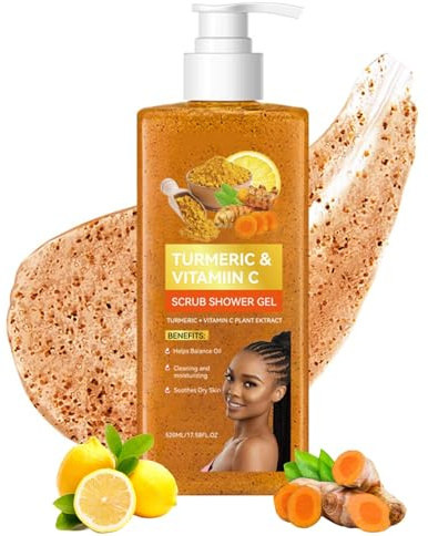 Gel douche exfoliant à la vitamine C au curcuma - Gel douche hydratant, nourrissant et exfoliant, nettoie en profondeur, unifie le teint de la peau, améliore la structure de la peau, gel douche