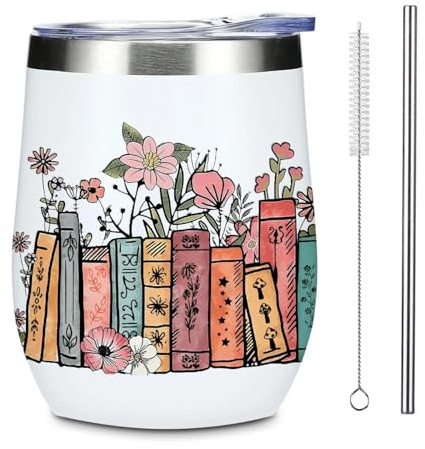 12 OZ Thermos Travel Mug, Reusable Coffee Cups, Insulated Tumbler with Straw and Lid, Thermal Coffee Cups for Hot Cold Drinks, Book Lover Gifts for Readers Book Lovers Librarian