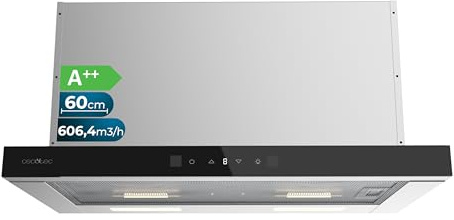 Cecotec Dunstabzugshaube Bolero Flux TLT 605501 Glass Black A++. 60 cm, Glasfront schwarz, 606,4 m³/h, BLDC-Motor, 3 Stufen + Booster, Gestensteuerung, LED, 5-lagige Alufilter, Carbonfilter