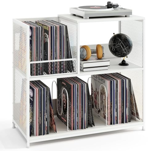 CASART 3-Tier Record Player Stand, Turntable End Table with Removable Dividers & Metal Frame, Vinyl Display Storage Shelf for Living Room Bedroom Studio (White)