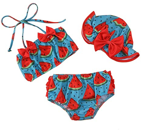 Bañador Niña 0-3 Años Natacion Bikini Bebe Piscina Traje de Baño 2 Piezas Conjunto Bandeau y Bragas Altas y Gorro Tankini Playa con Lazo Cuello Halter Flores Vintage Deportivo Vacaciones Swimsuit