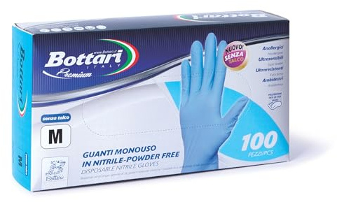 Bottari Guanti in Nitrile Monouso Blu, Senza Talco, Confezione da 100 Pezzi, Taglia M, Anallergici, Resistenti