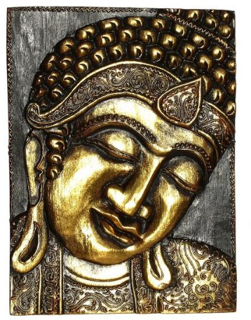 Buddha guld träbild Feng Shui mask relief HBild03r