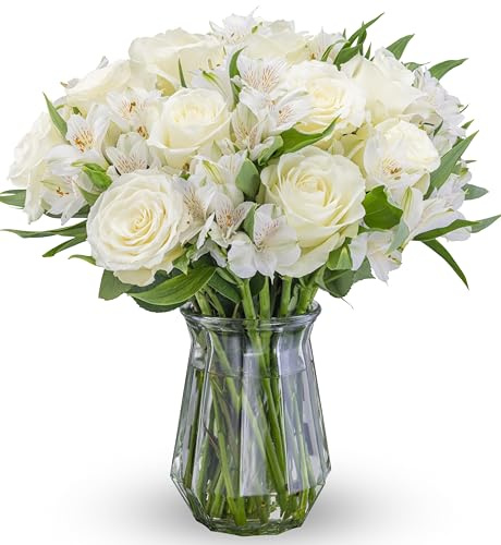 Benchmark Bouquets - White Roses and Alstroemeria - Fresh Flowers for Delivery - Fresh Cut Flower Bouquet - Real Roses in a Vase - Sympathy Gifts - Sympathy Flowers for Delivery (Glass Vase Included)
