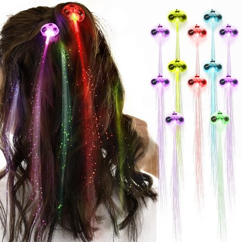Novelty Place [Party Stars] 14-Zoll-LED-Haarverlängerungsset mit Aufhellern aus Glasfaser und Haarspange für Party-Beleuchtung - Multicolor-Wechsel (12er-Pack)