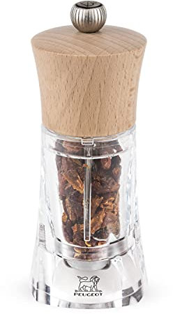 PEUGEOT - Moulin à Piment Oléron 14 cm - Réglage Classique - Mécanisme Spécial piment en acier - En Bois Labellisé PEFC et acryl - Fabrication Française - Coloris Naturel Et Transparent