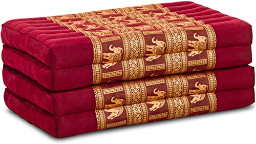 livasia Nachhaltige Klappmatratze aus Kapok - 200x80x8cm - Gästematratze mit Thaiseide, Matratze faltbar für Van, ökologische Yogamatte, Gästebett klappbar, Liege Garten Balkon (Rot/Elefanten Seide)