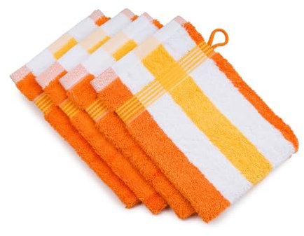 Gözze - New York Streifen Waschhandschuh, 4er Set, Weicher und saugfähiger Waschlappen, 100% Baumwolle, 17 x 24 cm - Marone/Weiß/Fjord