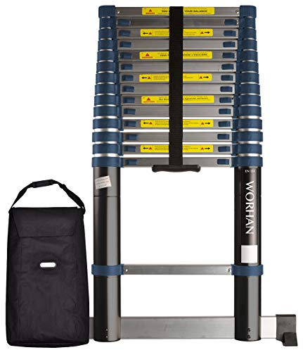 WORHAN 4.4m Scala Telescopica Pro Alluminio STABILIZZATORE RETRATTILE Funzione Distanziale da Parete Integrata Solida Anodizzata Estensibile 440cm 1K4.4+bag