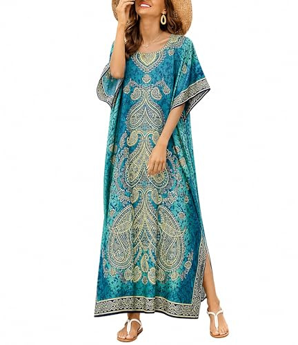 Goood Tiimes Long Caftan Dress Maxi Paisley Patteren Golden Print,Turquoise Blue,One Plus