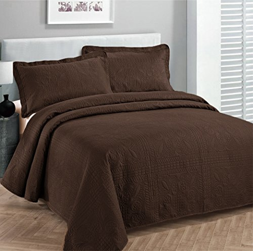 Fancy Collection 3-teiliges Luxus-Tagesdecken-Überwurf, geprägt, einfarbig, Kaffeebraun/Braun, 250 cm x 270 cm