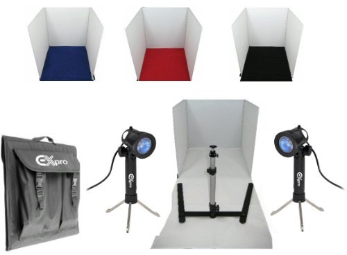 Ex-Pro Product Photo Soft Box Cube studio set - 15 x 15 / 40cm x 40cm for white back photography, includes 4 Colour Backgrounds Red, White, Black & Blue, 2 x Daylight Lamps, Tripod stand for camera, Soft Box & carry case. Ideal for catalouge product photography or selling catalouge products online. Photo light tents, Photo light cubes, Photographic tents.