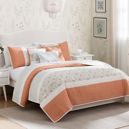 Madison Park 100% Cotton Quilt Set Floral Print, Double Sided Stitching, All Season, Lightweight Coverlet Shabby Chic Bedding Layer, Matching Shams, Full/Queen, Coral 6 Piece