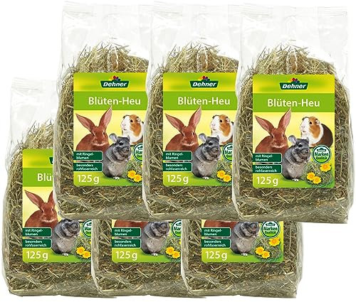 Dehner Nagersnack, Blüten-Mix rohfaserreich, für Zwergkaninchen / Nager, Heu / Ringelblume, 6 x 125 g (750 g)