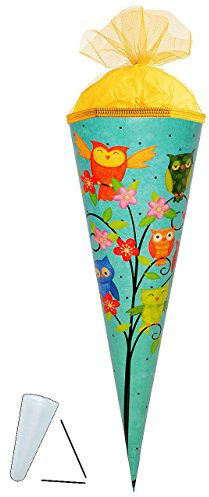 alles-meine.de GmbH Schultüte - Eulen auf AST - 35 cm - mit Tüllabschluß - Zuckertüte - mit/ohne Kunststoff Spitze - für Mädchen & Jungen - Eule lustig - Blumen türkis - Eulenm..