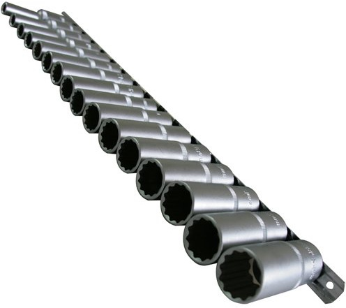 Jeu de 16 Douilles Longues à 12 Pans, Clé à Douille en Acier Chrome-Vanadium pour Écrou à Denture Multiple 8-24 mm