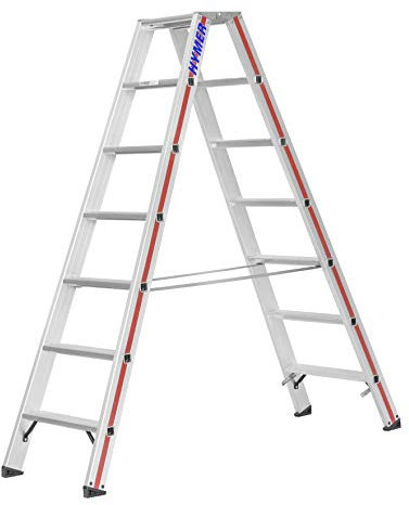 Hymer 802414 Stufenstehleiter SC80, beidseitig begehbar, 2x7 Stufen, Silber