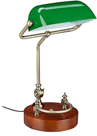 Relaxdays Lampada Ministeriale, con Paralume Orientabile in Vetro e Base in Legno, Luce Scrivania, Biblioteca, Verde