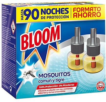 Bloom Líquido (pack de 2 recambios), insecticida eléctrico para mosquitos común y tigre, antimosquitos con 90 noches de protección, El ambalaje puede variar