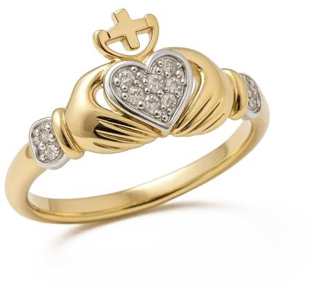 CARISSIMA Damen-Ring 9ct Yellow Diamond Claddagh Size P 375 Gelbgold Diamant (0.05 ct) weiß Rundschliff Gr. 56 (17.8)-1.47.4340