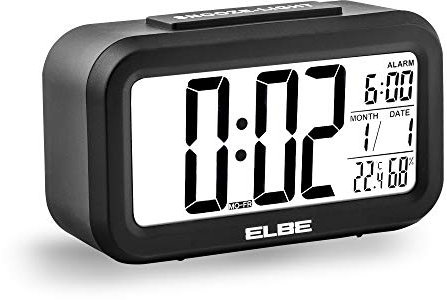 Elbe RD-668-N Reloj despertador con termómetro, adecuado para viajar, display LCD 4,4'', función snooze, pantalla con luz, alarma, temperatura y humedad, color negro