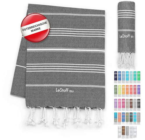 LeStoff Serviette de Plage – 100% Coton Bio, 95 x 180 cm, Prélavé, Absorbant, Séchage Rapide, Fouta hammam, Serviette de Bain, Serviette de Voyage, Drap de Plage, Fouta de Sauna, Noir (Anthracite)
