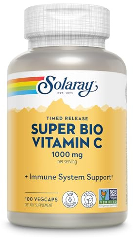 SOLARAY Super Bio Buffered Vitamin C 1000mg, Two-Stage, Timed Release Vitamin C with Bioflavonoids, Immune Support Supplement - High Absorption, Vegan, 60 Day Guarantee, 50 Servings, 100 VegCaps
