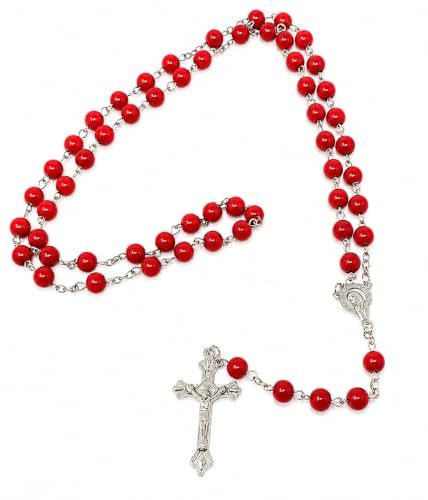 Red Glass Rosary Beads Stylish/Prayer Beads for Everyone by Sterling Effectz | Traditional 5-decade glass rosary with red 8mm beads and silver-colour crucifix.