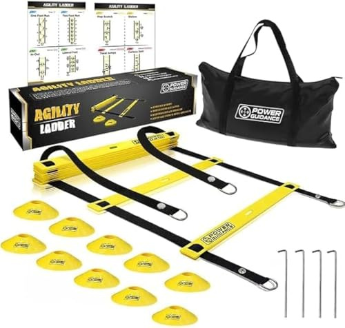 POWER GUIDANCE Agility Ladder (20 Feet) with Cones for Speed Agility Training & Quick Footwork Exercise - Soccer & Football Training Equipment for Adults, Youth & Kids (Yellow)