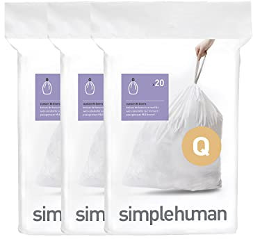 simplehuman CW0264 code Q Custom Fit Bin Liner Bulk Pack, White Plastic (3 Pack of 20, Total 60 Liners)