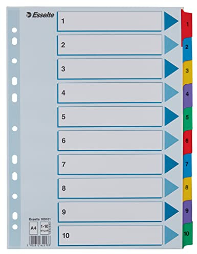 Esselte Register für A4, Deckblatt und 10 Trennblätter, Taben mit Zahlenaufdruck 1-10, Lochrand und Taben folienverstärkt (Mylar), Blau, Karton, 100161