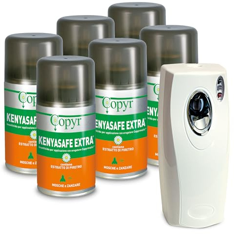 Copyr Kenyasafe Extra e Copyrmatic Evolution Night & Day - Insetticida Antizanzare, Mosche e Insetti Volanti, 6 Bombole 250ml + Erogatore Automatico, Piretro Insetticida Biologico e Repellente Zanzare